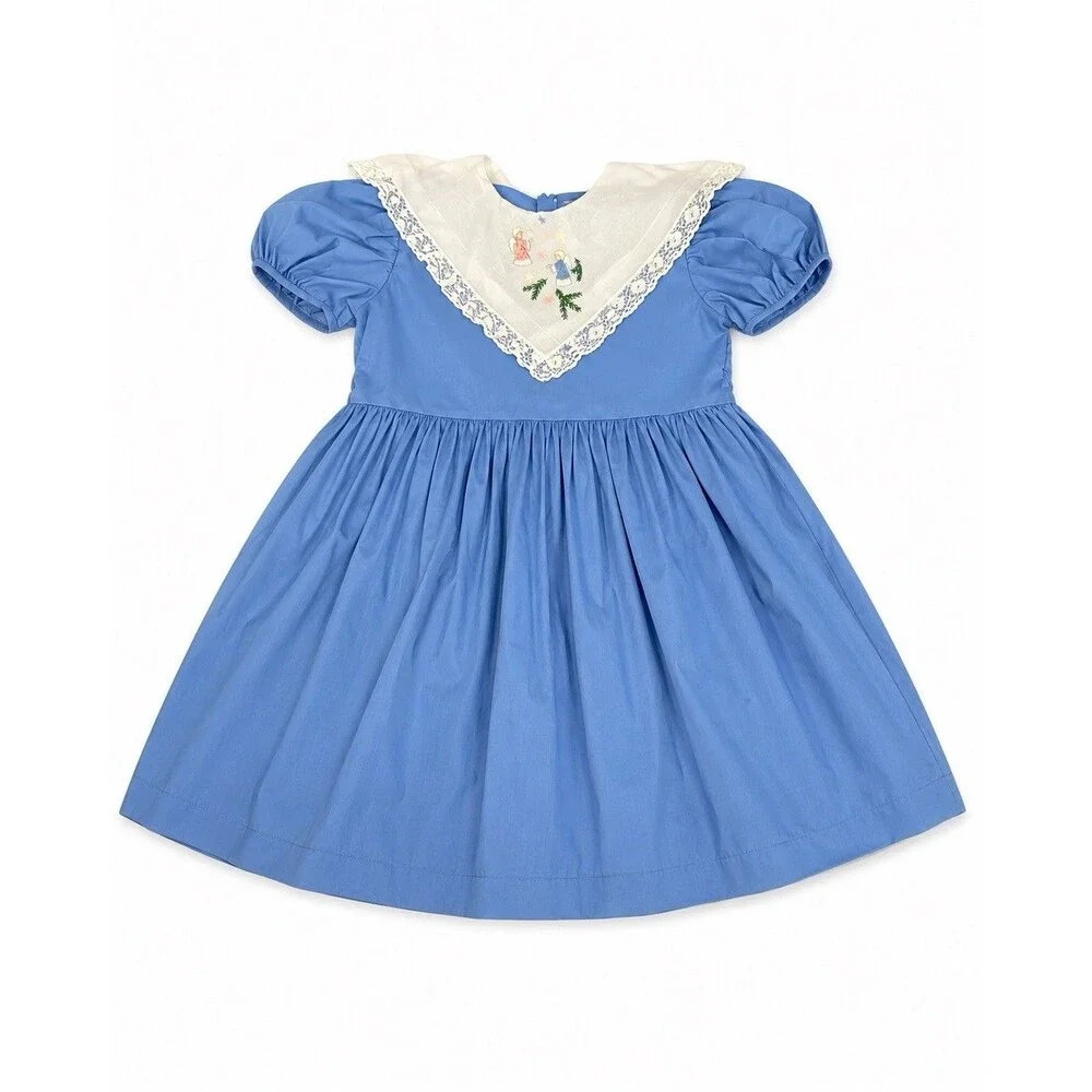 Vintage Girls Blue Dress Angel Embroidered Lace Collar Puff Sleeve Sz 8-10